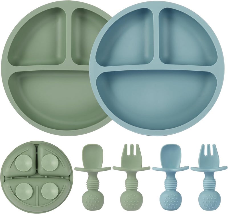 Eascrozn 2 Pack Baby Plates with Suction, 2 Pack Silicone Forks and Spoons Set, Baby Led Weaning Supplies, BPA Free, Toddler Utensils for Feeding Essentials - Image 1